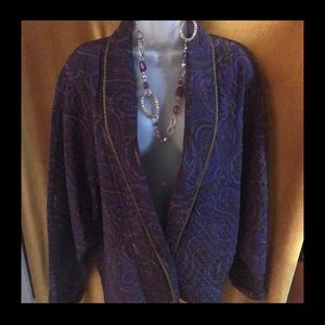 Ellen Tracy quilted Shall collar silk open front blazer, gold rope accent